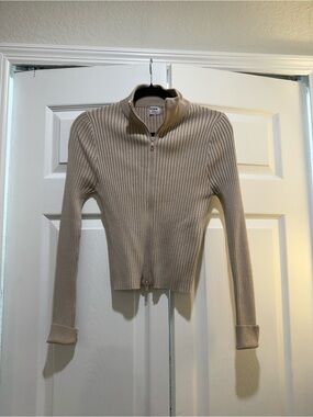 Cotton On Ribbed Zip-Up Sweater Jacket in Beige
